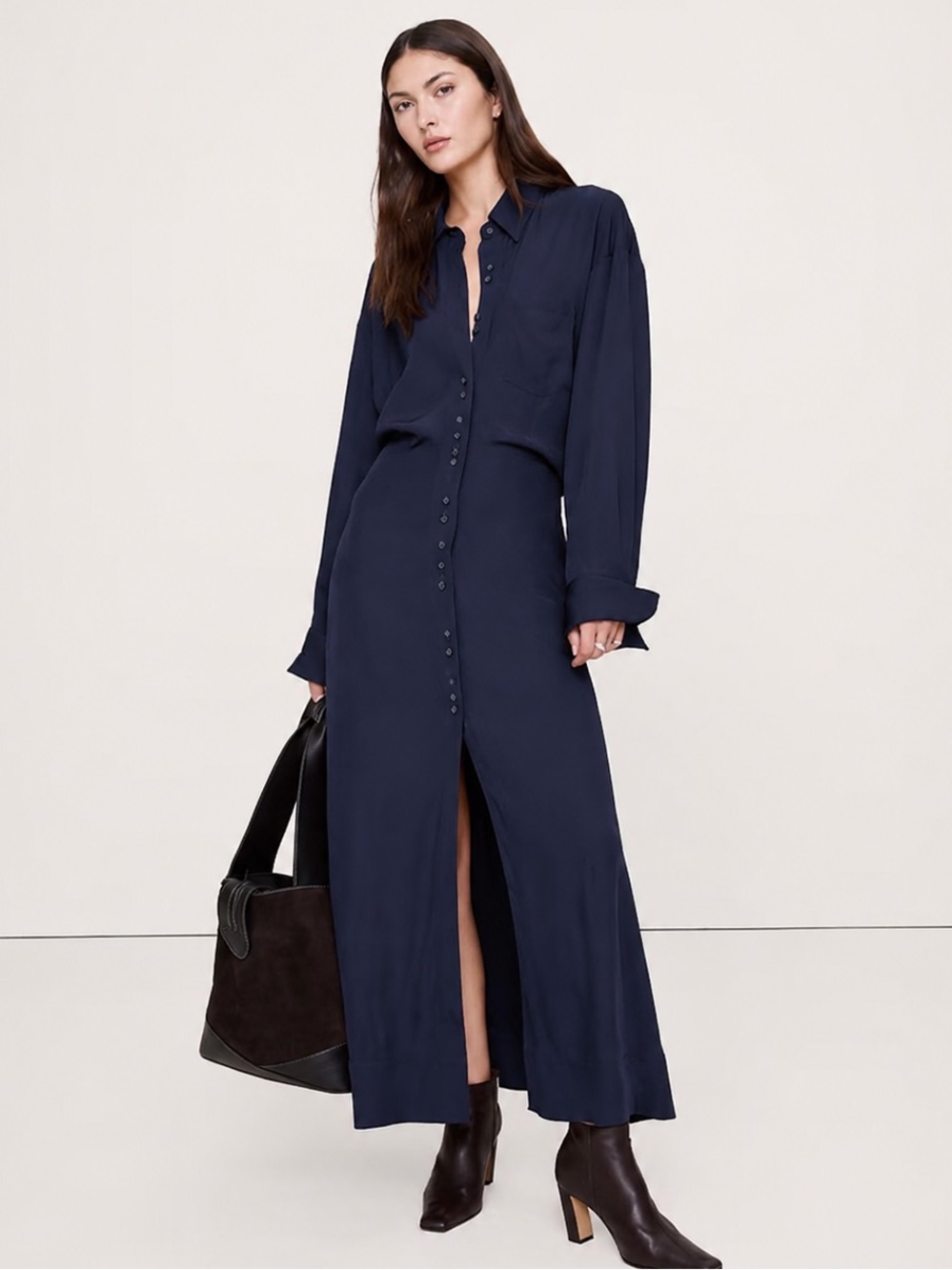 NEW! Banana Republic Navy Blue Drapey Twill Shirt Dress - Size 12 TALL ✈️